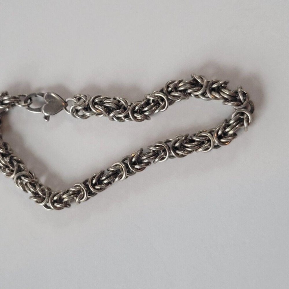 STERLING Silver BYZANTINE LINK BRACELET Heart Toggle Clasp Size 7"